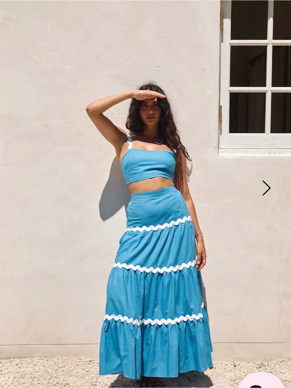 Hello Molly Sky Blue Tiered Maxi Skirt set with White Rickrack Trim